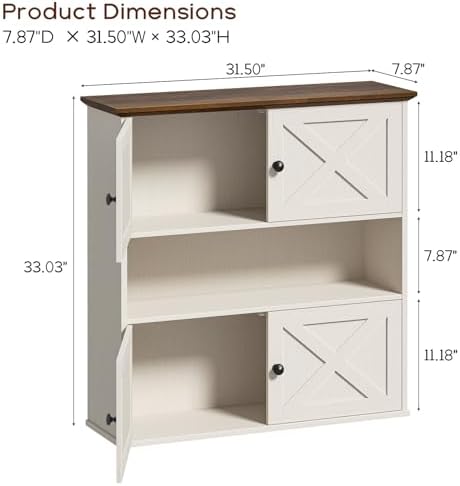 Vabches Bathroom Wall Cabinet, Farmhouse Medicine Cabinet with 4 Barn Doors, Large Wooden Vintage Storage Cabinet Wall Mounted for Bathroom, Kitchen, Rustic White - Image 2