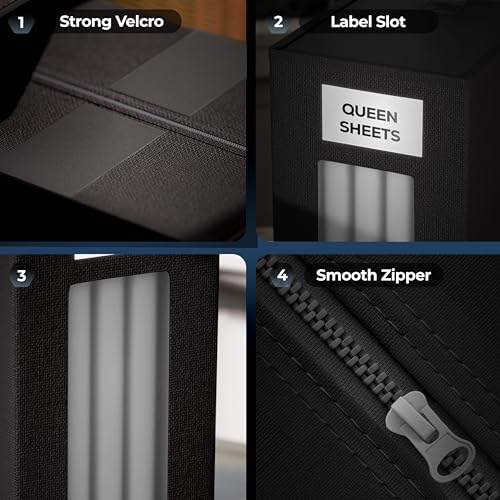 TIMBLE Bed Sheet Organizers & Storage, 10 Pack for King, Queen & Large Sheet Sets, Closet Organizer for Linens, Clothes, Blankets & Bedding, Foldable Fabric Bins with Handle, Name Tag & Window (Black) - Image 4