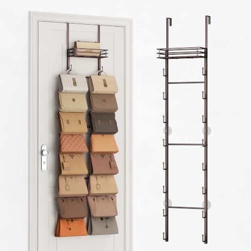 SWTYMIKI Over the Door Purse Organizer - Wall Mounted Handbag Organizer with 16 Hooks and Metal Basket, Hanging Purse Storage Rack Holds up to 16 Bags, Bag Rack Can Use As 1/2 Part, for Door, Closet by SwtyMiki-TidyHomeSweetLife