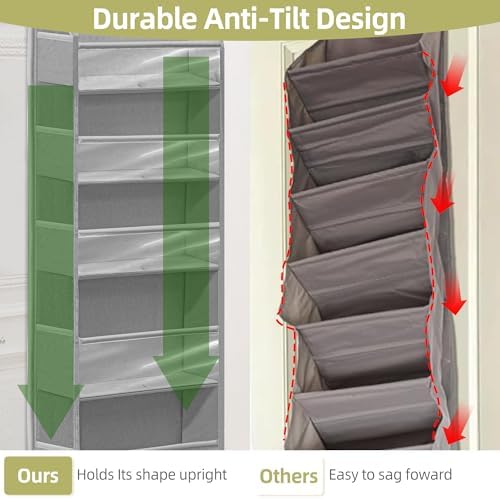 Over Door Organizer with 6 Extra Large Pockets 12 Side Pockets, Sturdy Closet Storage Rack, Hanging Storage Organizer with Clear Window for Shoes, Diapers, Bedroom, Bathroom, Grey, 3-Pack - Image 5