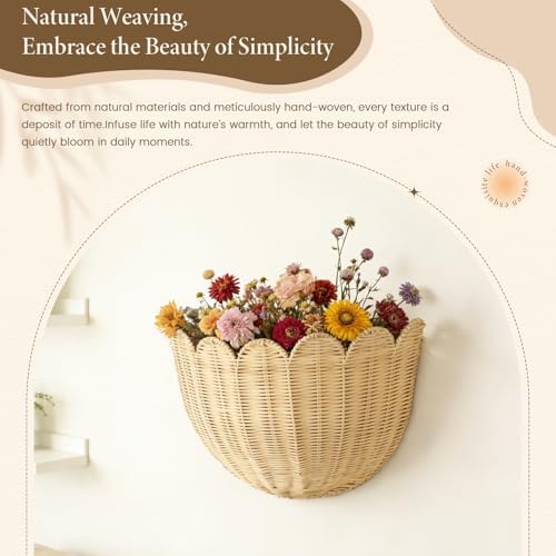 Natural Handwoven Scalloped Wall Basket Set of 2, Premium Rattan Wicker Wall Hanging Organizer for Boho Home Decor, Decorative Wall Storage for Bathroom, Entryway, Living Room & Craft Room - Image 2