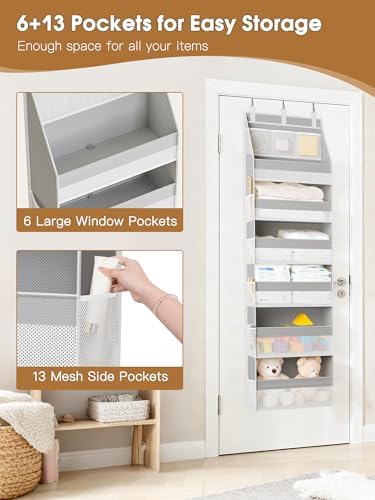 Criusia 2 Pack Over The Door Organizer, Heavy-Duty 6-Shelf Hanging Storage with 13 Mesh Pockets, 55lbs Capacity Behind The Door Storage for Nursery, Bathroom, Bedroom, and Dorm, Grey - Image 5