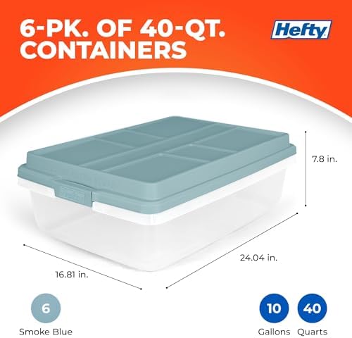 Hefty Hi-Rise Storage Bin with Lid, 40 Quart, Smoke Blue, 6 Pack - Image 2
