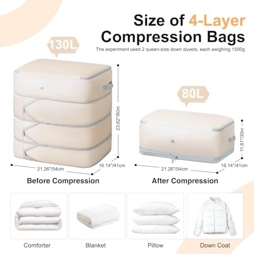 Comforter Storage Bag - 130L Large Capacity Blanket Storage Bags 4-Layer Ultra Space Saving Self Compression Organizer, Washable Compression Bags for Storage Comforter Blanket, 4-Pack, Beige - Image 2