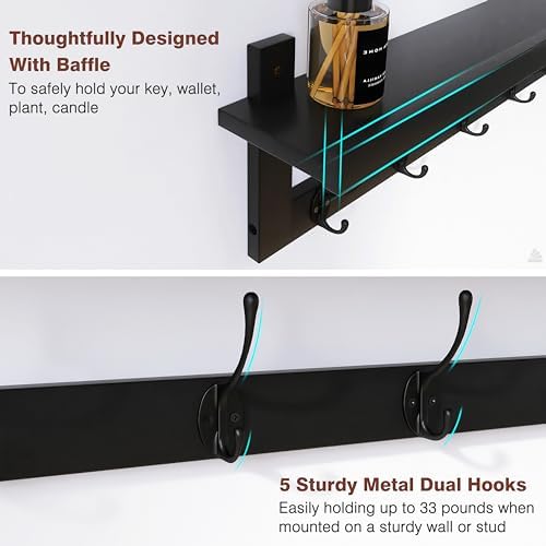 SMIBUY Coat Hooks with Shelf Wall-Mounted, 29.2 Inch Entryway Coat Rack for Wall, Bamboo Hanging Shelf with 5 Double Metal Hooks for Bathroom, Bedroom, Kitchen, Living Room, Mudroom (Black) - Image 2