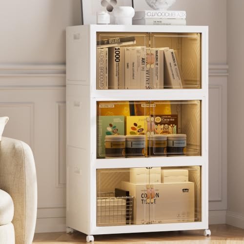 SAILUN 507QT/126Gal Stackable Storage Bins with a Lid, Collapsible Storage Bins With Doors, Folding Cabinet for Home Closet Organization,3 Pack-30 W x 19.7" D x 49.6" H White by SAILUN