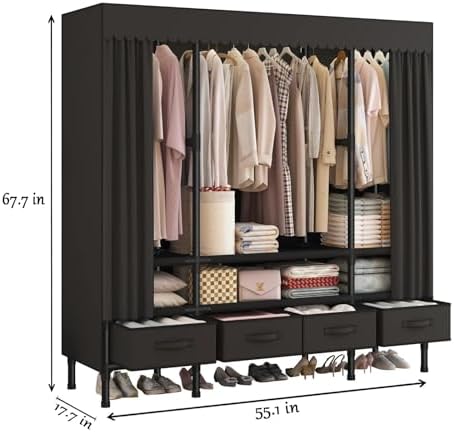 Portable Closet with Drawers 55.1"x17.7"x65.7" Wardrobe Closet Black - Image 3