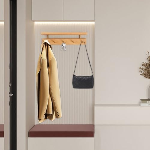 Solid Wood Shelf with Hooks, 15 inch Coat Rack Wall Mount, Shelves with 5 Brass Hooks for Hanging in Entryway, Living Room, Bathroom, Bedroom, Kitchen(Beechwood) - Image 3