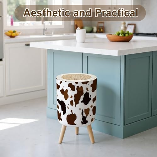 Trash Can with Lid Cow Skin Seamless Print Animal Hide Brown Spots White Mammals Fur Small Garbage Can with Legs Waste Bin Press Cover Wastebasket for Kitchen Bathroom Living Room 7L/1.8 Gallon - Image 3