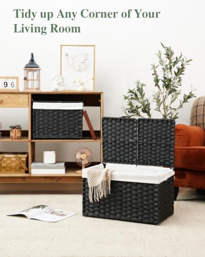 SETVSON Storage Basket with Lid PE Rattan Woven Storage Bins, 65L Black - Image 5