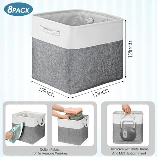 meekoo 8 Pack Fabric Storage Bins Baskets, 12 x 12 x 12 in, Gray White - Image 4
