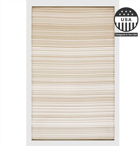FH Home Outdoor Rug - Waterproof, Fade Resistant, Reversible - Premium Recycled Plastic - Striped - Patio, Deck, Porch, Balcony - Havana - Beige Crease Free - 5 x 8 ft - Image 4