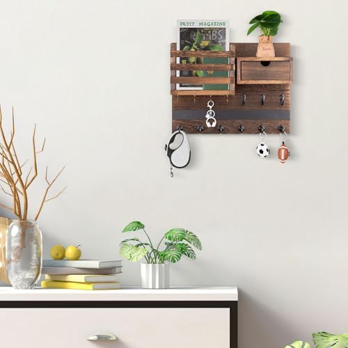 Nekon Key Holder Wall Mount with Drawer, 14.5" Mail Holder, Brown - Image 4