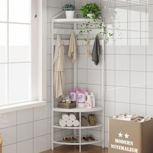 GiftGo Corner Hall Tree with Shoe Bench Entryway Coat Rack with 10 Metal Movable Hooks Freestanding Clothes Rack Shoes Shelf Organizer for Home Office Bedroom (White) - Image 7