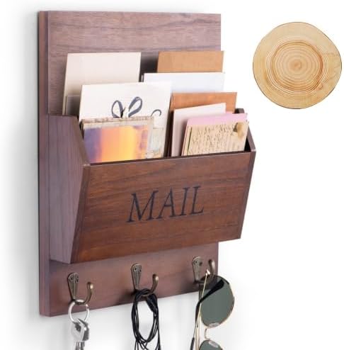 DLQuarts Solid Wood Mail Organizer with Key Holder for Wall, Mail Sorter Wall Mounted, Decorative Wooden Key and Mail Holder with 3 Hooks, Dark Brown by DLQuarts
