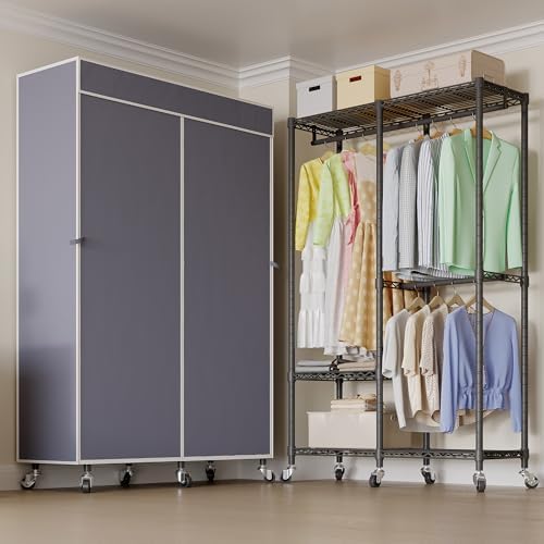 Higeego H9 Heavy Duty Rolling Clothes Rack with Cover, Covered Garment Rack with Wheels and Shelves, Wardrobe Closet, Portable Closet for Hanging Clothes, Black Clothing Rack with Grey Cover - Image 2