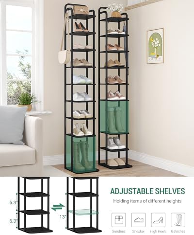 Hzuaneri Vertical Shoe Rack, Shoe Shelves, Wood Shoe Organizer for Closet, Entryway, Shoe Tower for Small Spaces, Free Standing, Adjustable, with 2 Hooks, 10 Tier Black SR11204B - Image 4
