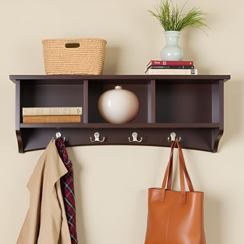 Shaker Cottage Wall-Mounted Coat Rack with 3 Storage Cubbies and Hooks – Hanging Wall Organizer for Entryway, Mudroom, or Hallway, Space-Saving Wall Shelf, 36" W x 9" D x 14" H (Chocolate Finish) - Image 2