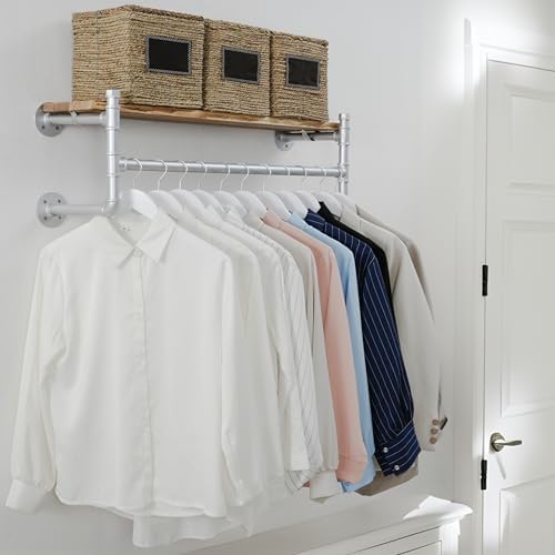 WEBI Wall Mounted Clothes Rack with Shelf,32" Industrial Pipe Clothing Rack with Shelf with Hanging Rod,Heavy Duty Iron Garment Rack Bar,Retail Display Clothes Rod for Laundry Room,Closet,Silver - Image 2