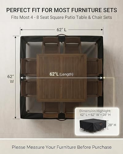Outdoor Patio Furniture Cover Square, Heavy Duty 600D Waterproof Cover for Table & Chair Set or Sofa Set Covers, Windproof,UV Resistant, All-Season for Backyard,Deck,Garden,62" L x 62" W x 28" H,Black - Image 4