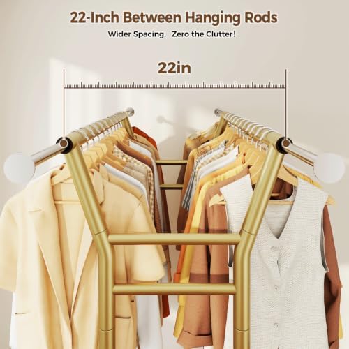 HYSEYY Heavy Duty Clothes Rack, Rolling Clothing Rack for Hanging Clothes with Shelves Load 700LBS,Portable Garment Wardrobe Closet Rack with Wheels for Bedroom,Laundry Room,Retail Store(Gold) - Image 3