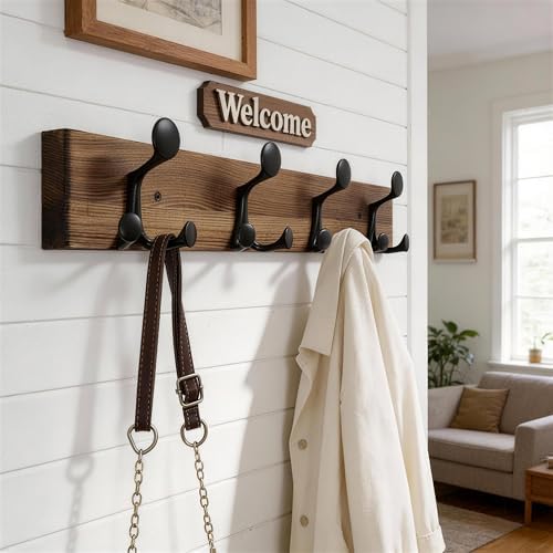 WEBI Coat Rack Wall Mount,24" Solid Wood Coat Hooks Wall Mounted Coat Hanger,16" Hole to Hole,Heavy Duty Hook Rack,4 Triple Hooks for Hanging Coats,Jacket,Hat,Backpack,Farmhouse,Brown,2 Packs - Image 2