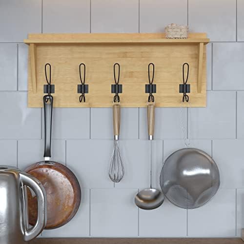 Merrick Lane Enid Hanging Storage Rack - Rustic Brown Pine Wood - 24 Inch Wide - 5 Hanging Hooks - Wall Mounting Hardware Included - Image 6