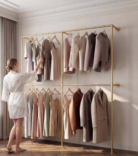 Gold Pipe Clothing Racks Wall Mount Gold Clothes Rack, Heavy Duty Industrial Pipe Clothes Racks Retail Display Hanging Rod for Closet Storage, Laundry Room - Image 6
