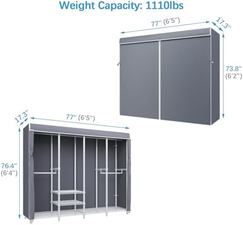 VIPEK V40C Covered Clothing Rack Heavy Duty with Cover, Custom Freestanding Closet with Adjustable Shelves Portable Wardrobe for Bedroom, White Metal with Grey Cover - Image 5