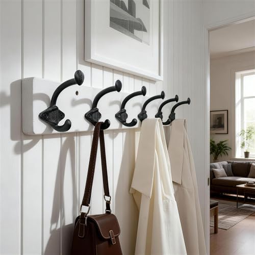 WEBI Rustic Coat Rack Wall Mount,24" Long 6 Cast Iron Coat Hooks Wall Mounted,Heavy Duty Farmhouse Wood Coat Hanger Wall Vintage Hooks for Hanging Jacket,Clothes,Backpack,Black on White,2 Packs - Image 3