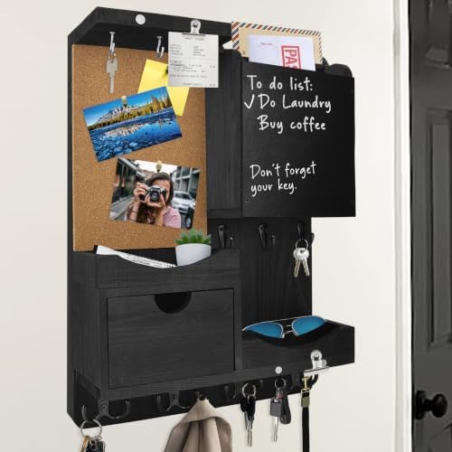 Key Holder Wall Mount with Drawer and Mail Organizer, Black by HEKOOLA