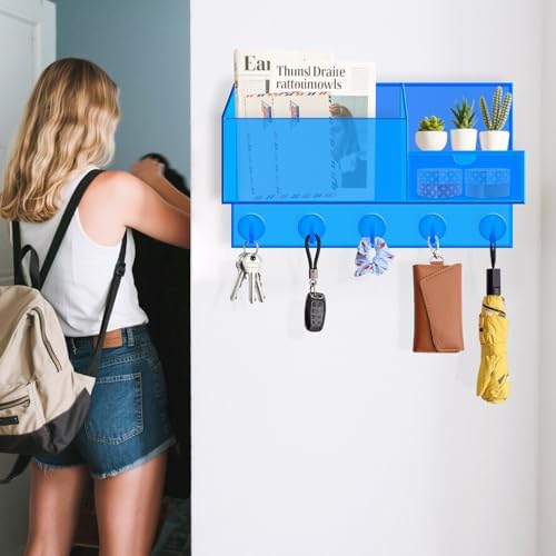 Acrylic Key Holder Wall Mount Mail Organizer for Wall with Shelf Storage Drawer and 5 Hooks, Blue - Image 6