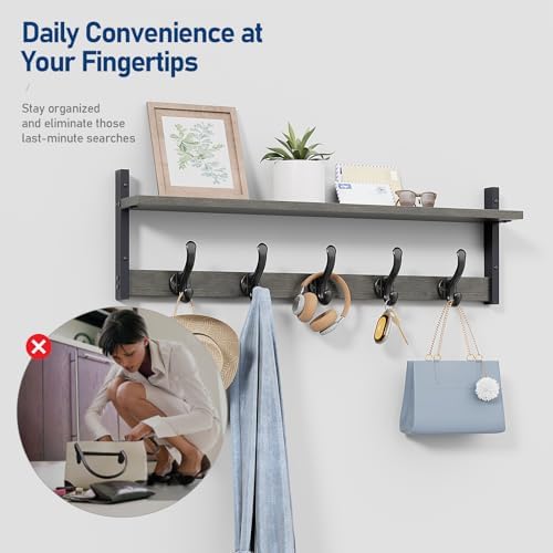 Tatub 29" Rustic Coat Rack Wall Mount with Shelf, Entryway Wall Hooks with Shelf, Coat Hangers for Bathroom, Living Room, Bedroom, Dark Grey - Image 6