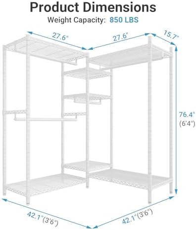 VIPEK L6 Heavy Duty Clothes Rack L Shape Clothing Rack 5-Tier Wire Garment Rack Freestanding Closet with 7 Adjustable Shelves & 4 Hanging Rods, 42.1" L x 42.1" W x 76.4" H, Max Load 850LBS, White - Image 4