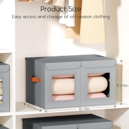 Homsorout Large Closet Storage Bins - Collapsible Divided Clothes Organizer with Lids & Dual Window, Fabric Organizing Bins for Clothes, Sweater, Bedroom, Office (Grey, 4 Pack) - Image 7