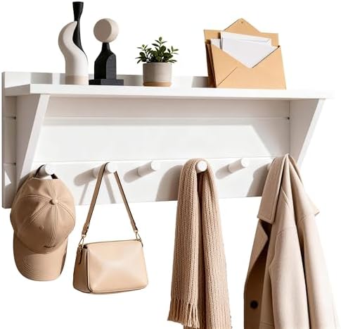 WEBI Coat Rack Wall Mount with Shelf,24" Long Entryway Wall Shelf with Hooks Underneath,6 Peg Hooks for Hanging Coats,Caps,Jacket,Clothes,White by WEBI