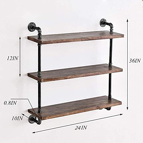 DR.IRON Industrial Pipe Shelves Wall Shelving Rustic Wood Shelf Storage Shelves 3 Tiers Wall Mount Pipe Design DIY Shelf Retro Wall Shelving (Black, 24" L) - Image 2