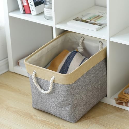 TheWarmHome Storage Basket for Organizing - Fabric Large Cubes 3 Pack 16x12x12 inch Baskets, Cube Storage Bin for Shelves Organizer Closet Cloth Gift Toy (Gold & Grey) - Image 4