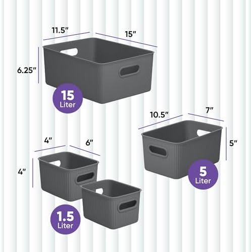 Superio Ribbed Collection - Decorative Plastic Basket Open Home Storage Bins Organizer, Grey (Set of 4) 1 Large, 1 Medium, 2 Small - Container Boxes for Organizing Closet Storage Bins for Shelves - Image 2