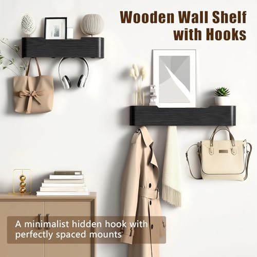 Coat Rack Wall Mount with Hidden Hooks, Wall Hooks with Shelf, Wall Key Holder Mount Wooden Shelf Entryway Hooks for Bedroom Bathroom for Hanging Coats Hats Bags Towels (Black, 4 Hooks) - Image 7