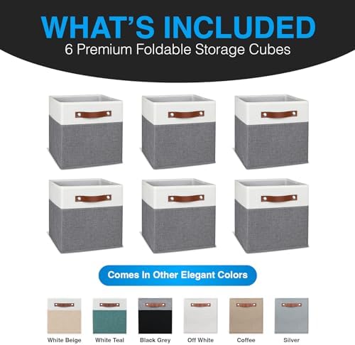 13x13 Storage Cubes - 6 Pack - Linen Fabric 13 Inch Cube Storage Bins for Bedroom, Living Room, Clothes and Toys; Foldable, Dual Leather Handles - Image 2