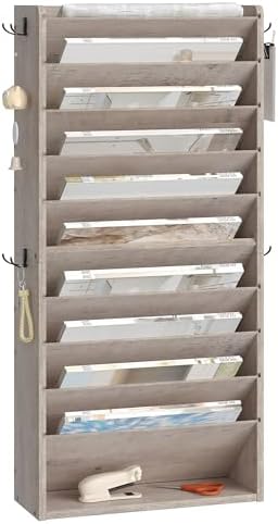 CHOEZON Wall File Organizer, 10-Tier Hanging Mail Organizer, Wall Mount File Holder with 4 Side Hooks, Industrial Mail and Storage Organizer, Wooden Vertical Hanging Holder for Office, Greige MWJ03FH by Choezon