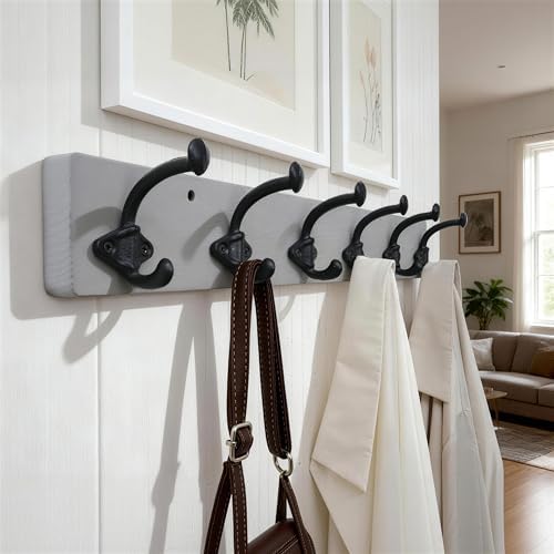 WEBI Rustic Coat Rack Wall Mount,24" Long 6 Cast Iron Coat Hooks Wall Mounted,Heavy Duty Farmhouse Wood Coat Hanger Wall Antique Vintage Hooks for Hanging Jacket,Clothes,Backpack,Gray,2 Packs - Image 2