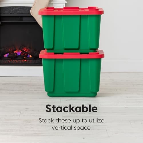 IRIS USA 4-Pack 12 Gallon Storage Bins with Lids |Made in USA| Heavy Duty Plastic Tote Containers for Seasonal Organization, Large - Green/Red - Image 2