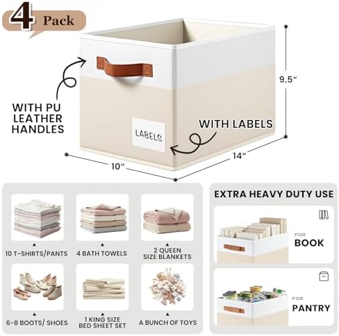 4 Pack Large Closet Storage Baskets for Shelves - 14x10 Heavy Duty Closet Shelf Organizer Bins with Handles & Labels - Decorative Collapsible Baskets for Organizing Living Room Bedroom Nursery Dorm - Image 2