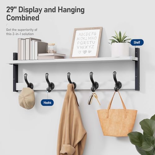 Tatub 29" Coat Rack Wall Mount with Shelf, Entryway Wall Hooks with Shelf, Coat Hangers for Bathroom, Living Room, Bedroom, Rustic White - Image 2