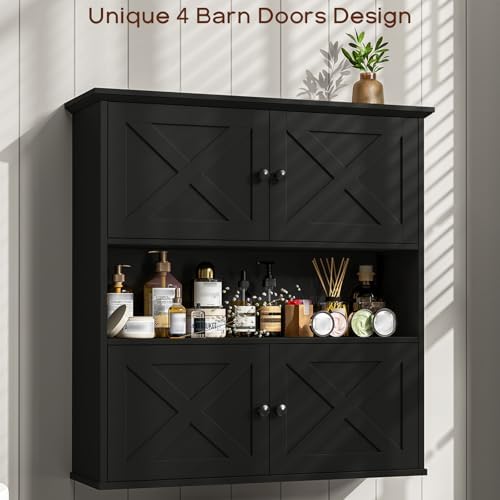 Vabches Bathroom Wall Cabinet, Farmhouse Medicine Cabinet with 4 Barn Doors, Large Wooden Vintage Storage Cabinet Wall Mounted for Bathroom, Kitchen, Black - Image 7