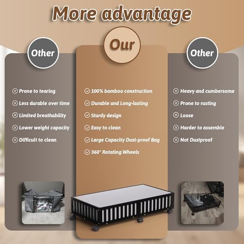 2 Pack Large Bamboo Under Bed Storage Containers with Wheels, Black - Image 4
