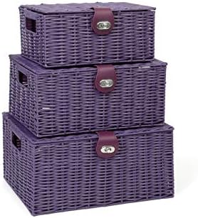 ARPAN Set of 3 Resin Woven Utility Storage Basket Box With Lid & Lock (Purple) by ARPAN