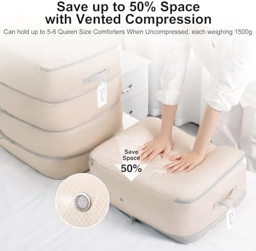 Comforter Storage Bag - 130L Large Capacity Blanket Storage Bags 4-Layer Ultra Space Saving Self Compression Organizer, Washable Compression Bags for Storage Comforter Blanket, 4-Pack, Beige - Image 3